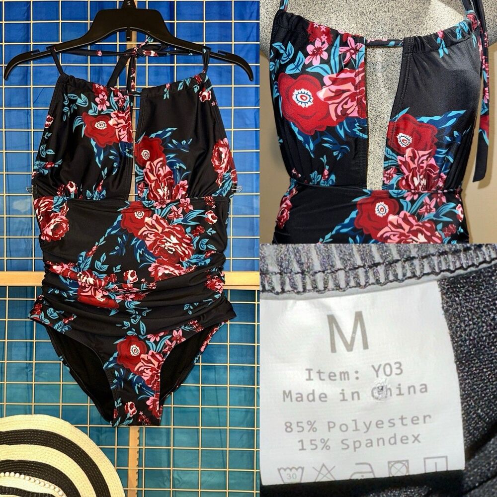 12 Crazy Swimsuit Women’s M Medium 1 Pc Floral High Halter Neck Sexy Peek A Boo